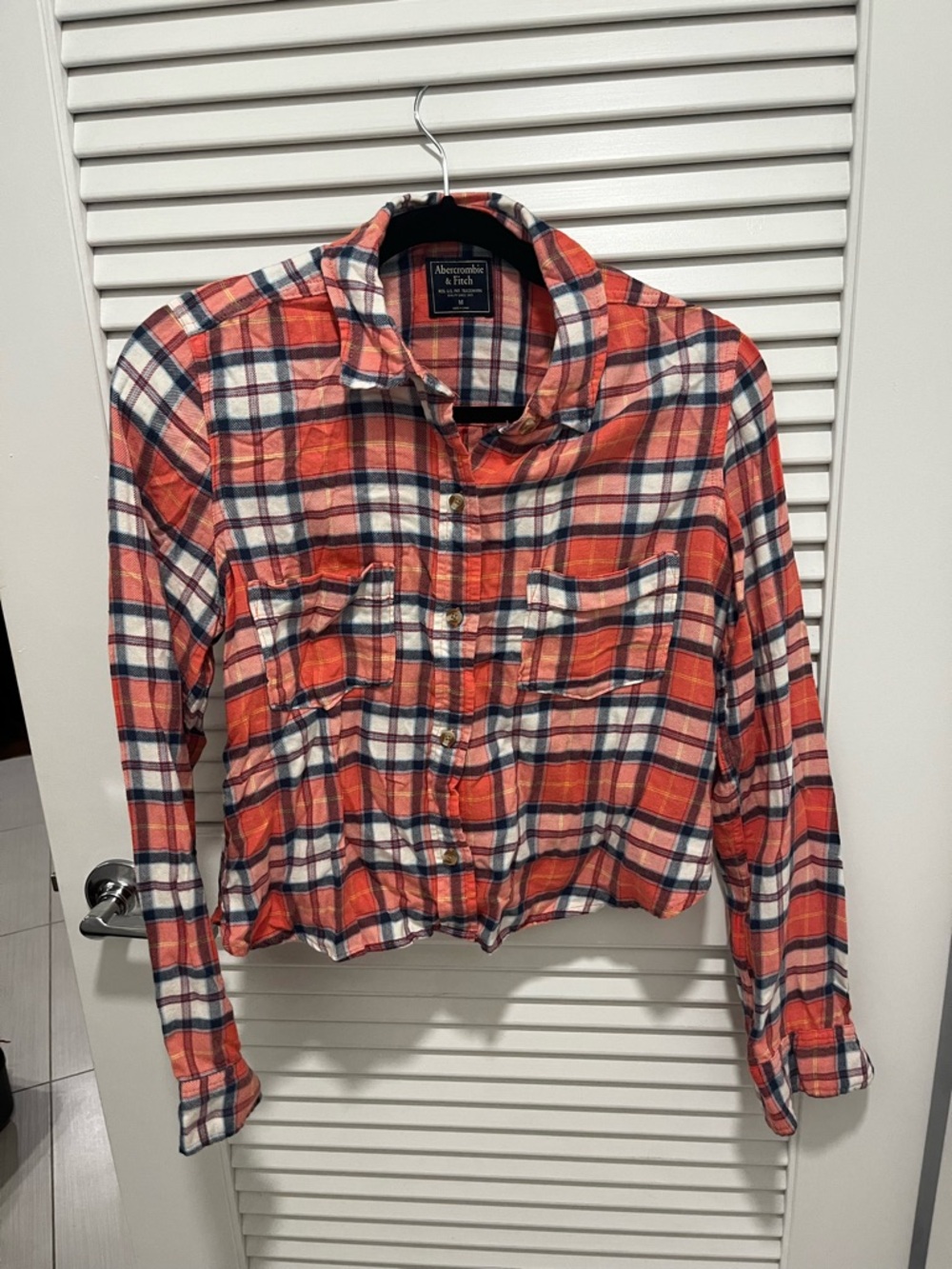 NWOT Abercrombie & Fitch Cropped Coral Orange Plaid Flannel Shirt
